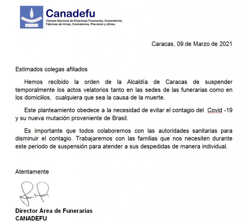 Alcaldía de Caracas ordena suspender velorios por variante brasileña de COVID-19